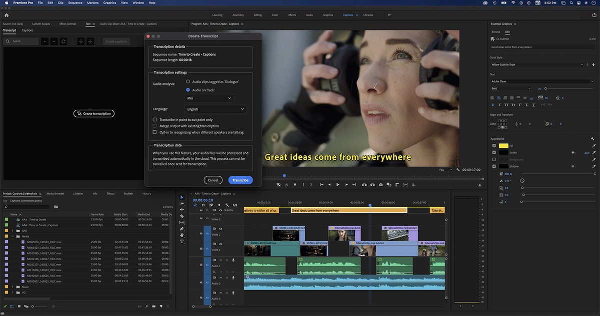 Adobe Premiere Pro、最新アップデートで「音声テキスト化」を正式 